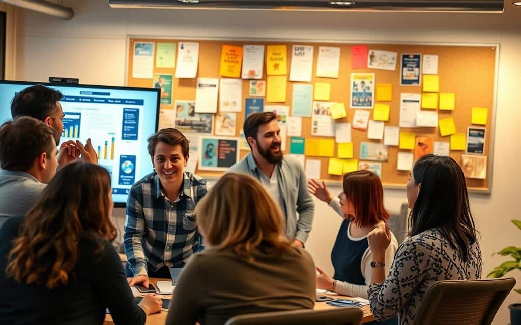 A bustling office setting with a team of professionals engaged in various innovative outreach tactics. In the foreground, a group collaborates on a digital presentation, their faces aglow with the light of a large computer monitor. In the middle ground, another team member speaks animatedly on a video call, gesturing with enthusiasm. The background reveals a bulletin board adorned with a collage of colorful flyers, brochures, and sticky notes - a visual representation of their multifaceted outreach efforts. The scene is bathed in a warm, inviting lighting that captures the dynamic energy of a business focused on expanding its reach through unconventional and forward-thinking methods.