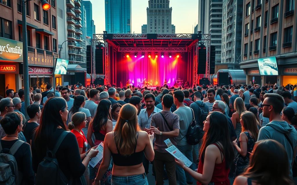 A collaborative concert promotion event in a bustling urban setting. In the foreground, a diverse group of musicians and event organizers discuss plans, gesturing animatedly. Mid-ground, crowds of music fans mill about, examining posters and flyers. In the background, a towering stage with colorful lighting rigs and speakers. The scene is illuminated by warm, golden-hour lighting, creating a vibrant, energetic atmosphere. The composition is balanced, with dynamic angles and overlapping elements that convey a sense of synergy and teamwork. The overall mood is one of excitement, creativity, and anticipation for the upcoming musical performances.