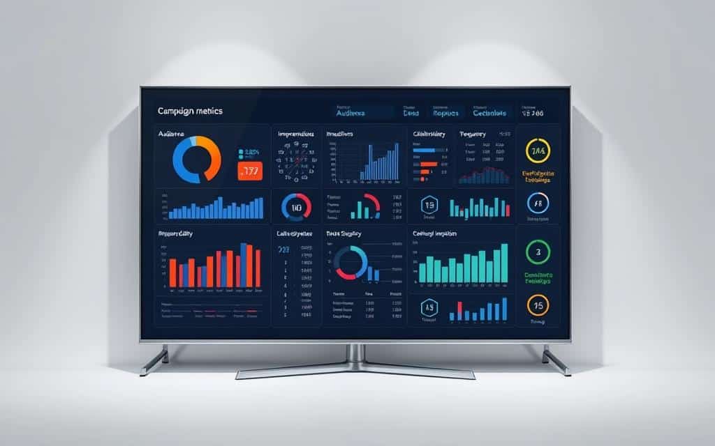 A high-definition digital display showcases a comprehensive dashboard of TV campaign metrics. Detailed graphs and charts present audience data, impressions, reach, frequency, click-through rates, and other key performance indicators. The display is surrounded by a sleek, minimalist frame against a clean, white background, creating a professional, analytical atmosphere. Careful lighting from above and the sides casts subtle shadows, emphasizing the crisp, data-driven visuals. The overall composition conveys a sense of clarity and precision in tracking the success of a television advertising campaign.