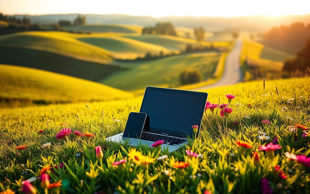 A lush, verdant landscape with rolling hills and a vibrant, sun-dappled meadow in the foreground. In the middle ground, a laptop and smartphone are nestled amidst flourishing plants and flowers, symbolizing the integration of digital marketing strategies into the landscaping business. The background features a picturesque country road, winding through trees and leading the eye towards a distant horizon. The lighting is warm and natural, creating a serene, inviting atmosphere. Vibrant colors, soft focus, and a sense of balance and harmony convey the effectiveness of digital marketing techniques for promoting a thriving landscaping enterprise.