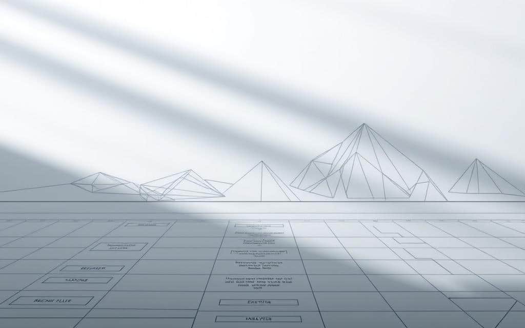 A modern, minimalist architectural blueprint depicting a structured marketing process. In the foreground, a sleek, geometric grid outlines the key stages of the strategy, with clean lines and a color palette of muted grays and blues. In the middle ground, subtle iconography visualizes the core elements - research, planning, execution, and analysis. The background features an angular, wireframe landscape, suggesting the computational and technical underpinnings of the proven marketing architecture. Soft, directional lighting casts dramatic shadows, conveying a sense of authority and sophistication. The overall composition strikes a balance between functionality and aesthetic appeal, reflecting the strategic and creative nature of effective architectural service marketing.