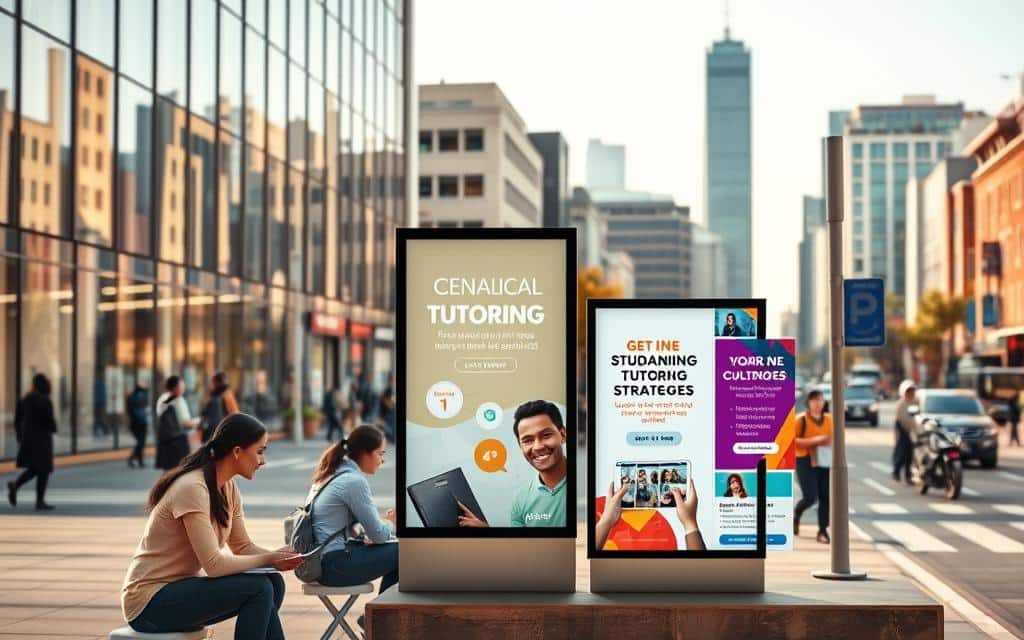 A professional, modern outdoor advertisement showcasing various tutoring services and strategies. In the foreground, vibrant images of tutors working one-on-one with students, highlighting organic tutoring methods. In the middle ground, digital ads and social media graphics promoting paid tutoring packages, with clean typography and eye-catching visuals. In the background, a cityscape with office buildings and bustling streets, conveying a dynamic urban setting. The lighting is bright and natural, with a warm, inviting color palette. The overall composition creates a cohesive, visually appealing advertisement that effectively communicates the range of tutoring services available.