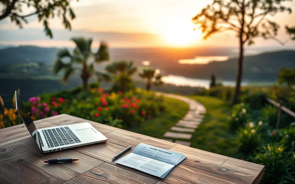 A serene outdoor scene with a well-crafted wooden desk in the foreground, adorned with a laptop, a pen, and an inviting stack of papers labeled "Landscaping Lead Capture Resources". The middle ground features a lush, verdant garden with vibrant flowers and a meandering path leading the viewer's eye towards a picturesque landscape in the background - rolling hills, a tranquil lake, and a stunning sunset casting warm, golden hues across the entire scene. Soft, diffused lighting creates a peaceful, inviting atmosphere, as if this were the perfect setting to dive into the valuable content on the desk. The overall composition suggests a harmonious blend of productivity and natural beauty, inspiring the viewer to create their own captivating lead capture resources for their landscaping business.