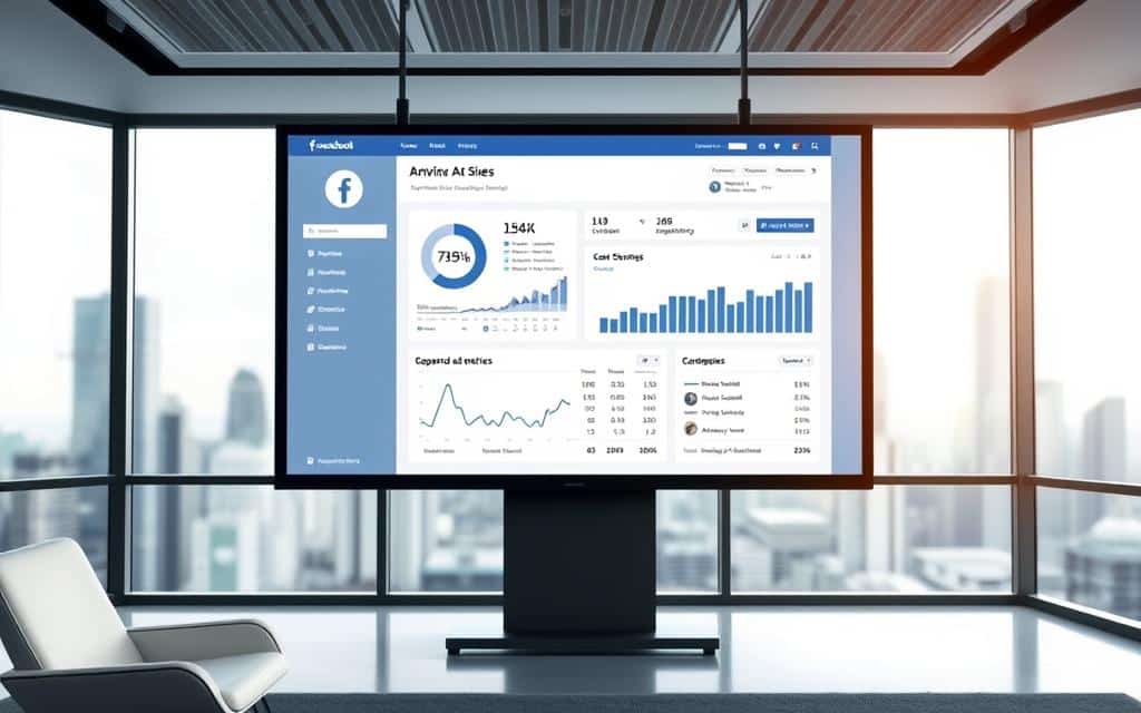 A sleek, modern office setting with a large display screen showcasing detailed Facebook ad performance metrics. The screen shows a clean, minimalistic UI with key data points such as ad impressions, click-through rates, conversion rates, and cost per acquisition prominently featured. The lighting is soft and diffused, creating a professional yet inviting atmosphere. The background features a blurred city skyline, hinting at the global reach and impact of Facebook advertising. The overall composition conveys a sense of data-driven decision making and analytical insights to optimize digital marketing campaigns.