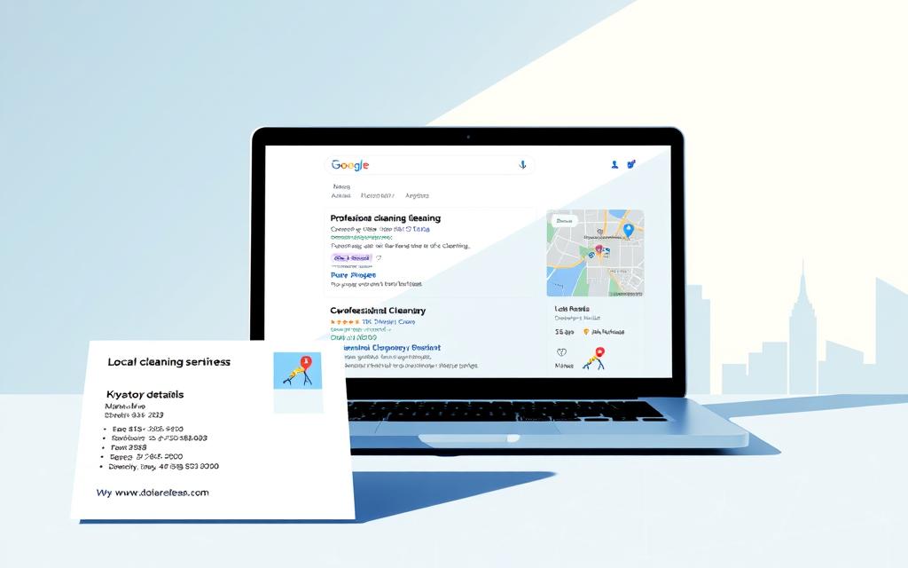 A vibrant and dynamic illustration of "local SEO for cleaning services" set against a modern and minimalist background. In the foreground, a well-organized directory listing showcases the key details of a professional cleaning business, including its name, address, phone number, and website. The middle ground features a laptop screen displaying a local search engine results page, with the cleaning company's listing prominently featured. In the background, a cityscape with recognizable landmarks subtly suggests the local context. The lighting is crisp and directional, casting shadows that add depth and dimension to the scene. The overall mood is one of clarity, efficiency, and a strong local brand presence.