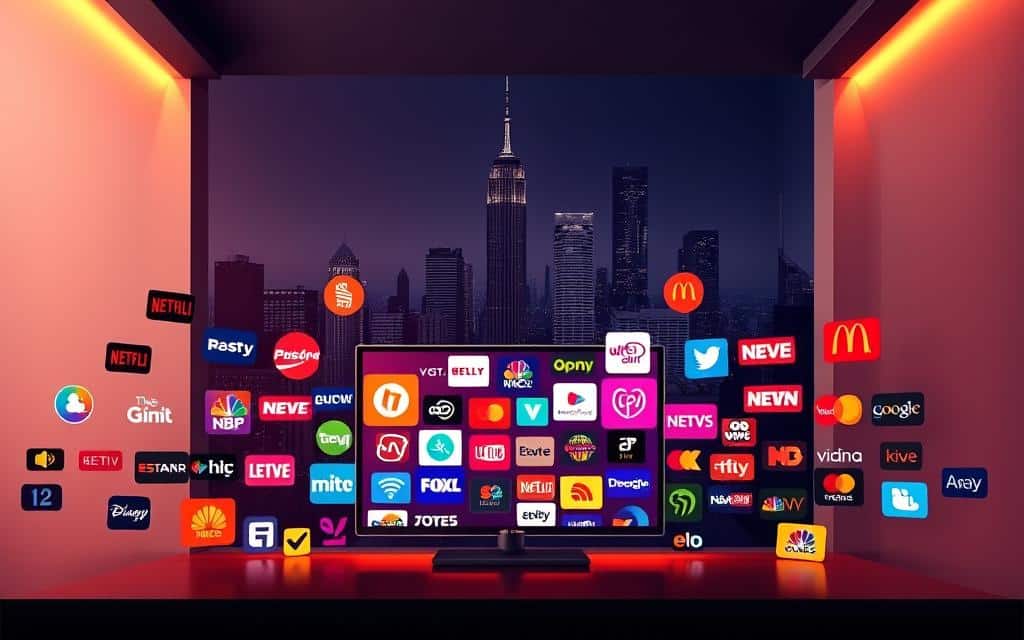 A vibrant and dynamic image showcasing a variety of cable streaming channels against a sleek, modern backdrop. In the foreground, an array of colorful channel logos float and overlap, illuminated by a soft, warm lighting that creates a sense of depth and dimension. In the middle ground, a stylized silhouette of a television set serves as a unifying visual element, while the background features a minimalist cityscape with towering skyscrapers and a hints of a night sky, creating a sense of urban sophistication. The overall composition is balanced and visually striking, conveying the diverse and ever-evolving world of cable and streaming entertainment.