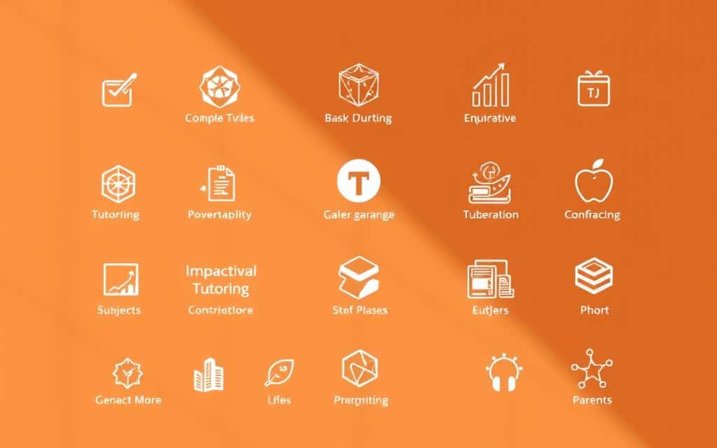 A vibrant, minimalist branding composition showcasing impactful tutoring service logos and symbols. The foreground features a clean, modern layout with various geometric shapes, lines, and icons representing different tutoring subjects and disciplines. The middle ground presents a cohesive color palette of warm, earthy tones that convey a sense of professionalism and approachability. The background is subtly textured, creating a sophisticated, yet inviting atmosphere. Soft, directional lighting accentuates the design elements, highlighting their clarity and visual harmony. The overall aesthetic evokes a memorable, trustworthy tutoring brand identity that resonates with students and parents alike.