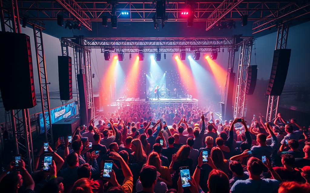 A vibrant social media concert promotion, captured in a dynamic composition. In the foreground, a stage is adorned with state-of-the-art lighting and audio equipment, creating an electrifying atmosphere. In the middle ground, a diverse crowd of music enthusiasts engages with their smartphones, sharing the experience online. The background features a blurred cityscape, hinting at the event's urban setting. The lighting is a harmonious blend of warm and cool tones, casting a captivating glow over the entire scene. The camera angle is slightly elevated, offering a bird's-eye view that emphasizes the scale and energy of the event. This image conveys the power of social media in amplifying the reach and impact of a concert promotion.