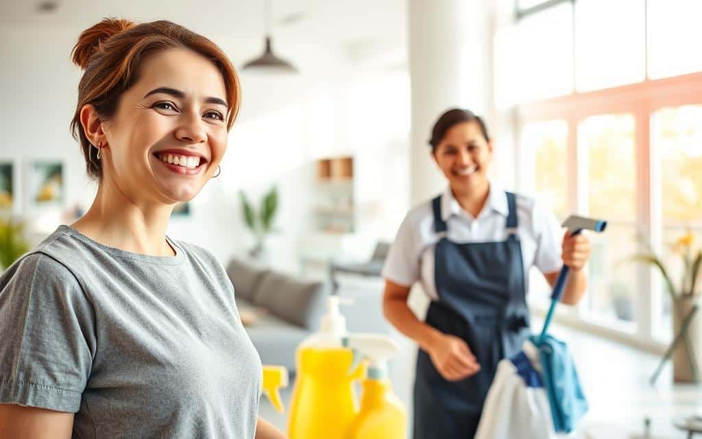 A well-lit, professional-looking image showcasing the benefits of free advertising for a cleaning services business. In the foreground, a happy, satisfied customer smiles while having their home cleaned by a skilled, uniformed cleaner. In the middle ground, various cleaning tools and supplies are neatly arranged, conveying the quality of the service. The background features a modern, minimalist home interior with plenty of natural light streaming in through large windows. The overall atmosphere is one of efficiency, affordability, and customer satisfaction, highlighting the advantages of leveraging free advertising channels to promote a cleaning services business.