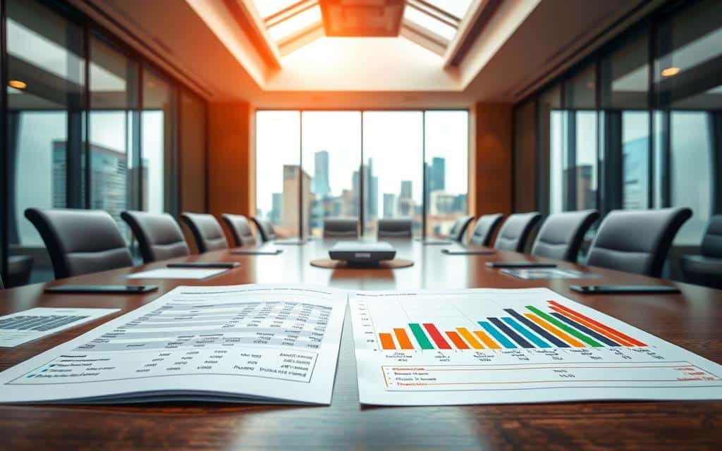 A boardroom table with a financial report and colorful bar charts displaying key performance indicators (KPIs). The report's pages showcase budget allocations, expenditures, and revenue targets. Overhead, a skylight casts warm, focused lighting, creating a sense of professionalism and deliberation. In the background, a city skyline is visible through large windows, hinting at the broader business context. The scene conveys a thoughtful, strategic approach to advertising planning, with data-driven decision-making at the forefront.