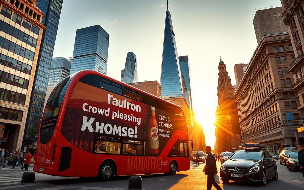 A bustling cityscape, the golden hour sun casting a warm glow over the streets. In the foreground, a large double-decker bus adorned with a vibrant advertising campaign. The design features a striking visual of a crowd-pleasing product, paired with bold, eye-catching typography. The bus is captured from a dynamic low angle, emphasizing its imposing presence and the powerful impact of the advertisement. In the middle ground, pedestrians and other vehicles create a sense of urban energy and foot traffic, hinting at the potential reach and visibility of the bus campaign. The background features a blend of modern skyscrapers and historic architecture, suggesting a diverse, thriving metropolitan environment perfect for a high-impact advertising strategy.