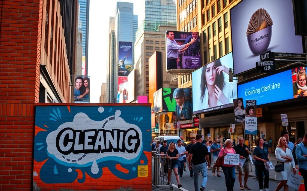 A bustling cityscape with a vibrant contrast between free and paid advertising strategies. In the foreground, a colorful mural depicting a cleaning business logo and slogan stands out against the plain brick wall. In the middle ground, digital billboards showcase polished ad campaigns, while in the background, a variety of humble flyers, posters, and handwritten signs jostle for attention on public surfaces. The scene is illuminated by warm, natural lighting, creating a sense of energy and dynamism. The overall atmosphere conveys the importance of both free and paid tactics in effectively advertising a cleaning business online.