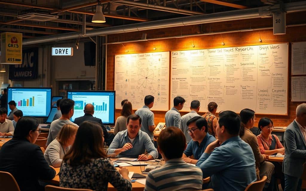 A bustling market scene with various research methodologies taking center stage. In the foreground, a focus group discussion unfolds, participants engaged in lively conversation around a circular table, note-taking and gesturing animatedly. In the middle ground, a team of researchers pore over survey data, charts and graphs projected on a large screen, their expressions intent and analytical. In the background, a wall of whiteboards displays mind maps, customer personas, and insights gleaned from interviews and observations, illuminated by warm, directional lighting. The overall atmosphere conveys a sense of dynamic, collaborative investigation, as the market research process unfolds in a visually captivating manner.