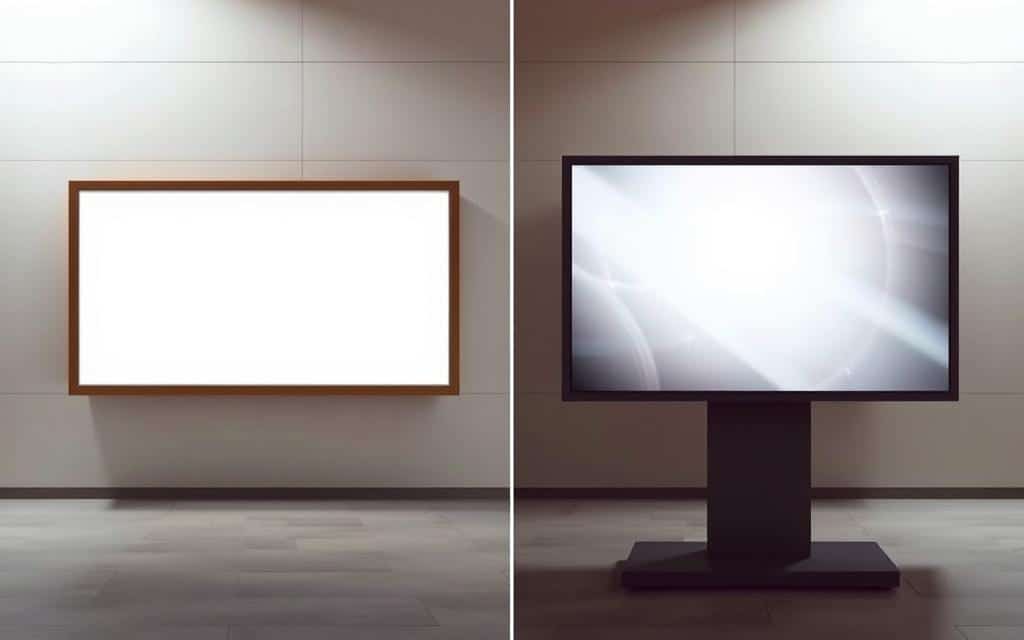 A comparison of a static advertisement and a dynamic advertisement, presented in a clean, minimalist style. The static ad is displayed on a simple billboard against a plain background, while the dynamic ad is shown on a digital screen with subtle animations and transitions. The scene is bathed in soft, diffused lighting, creating a warm and professional atmosphere. The focus is on the visual contrast between the two ad formats, inviting the viewer to consider the advantages and disadvantages of each approach in the modern advertising landscape.