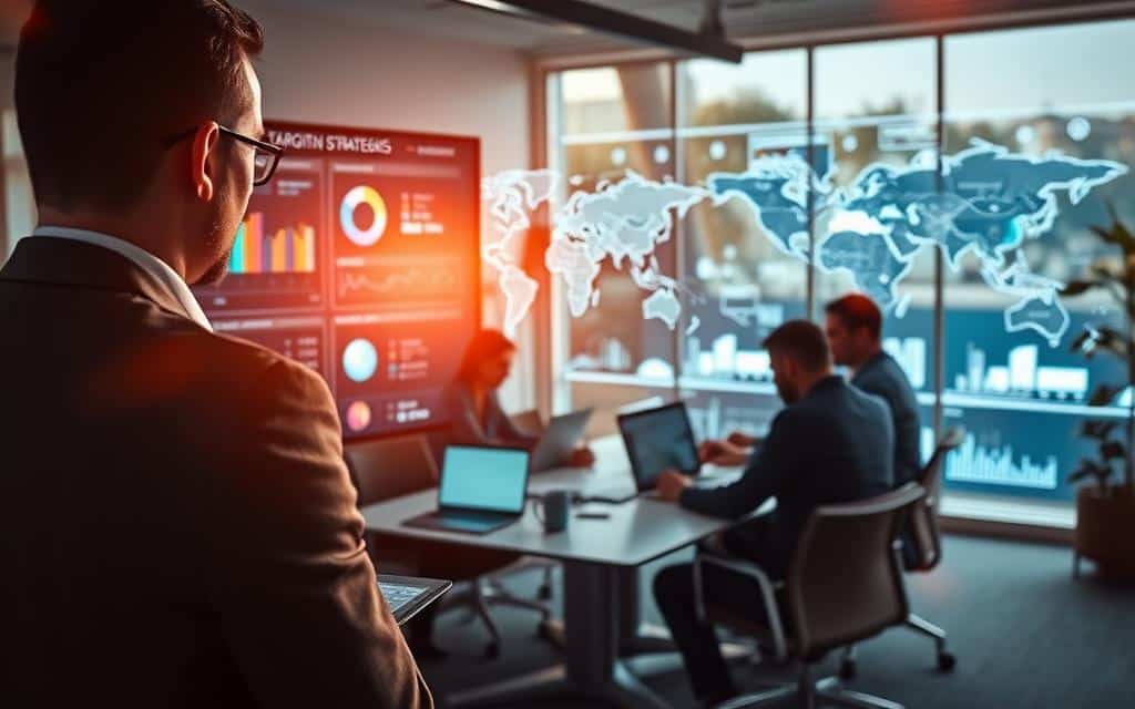 A connected TV targeting strategies image, shot with a wide-angle lens in a modern office setting. In the foreground, a businessman reviews digital marketing analytics on a large, curved 4K display. The middle ground features a team of digital marketers collaborating around a conference table, examining audience segmentation and ad placement data on their laptops. In the background, a world map and visualization of digital ad networks create a sense of the global scale of connected TV advertising. Warm, directional lighting with subtle lens flare effects conveys an atmosphere of strategic focus and technological innovation.