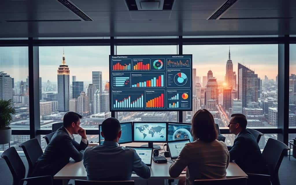 A corporate office setting with a large window overlooking a busy city skyline. In the foreground, a team of professionals gathered around a conference table, deep in discussion and examining various digital screens and analytics dashboards. The mood is focused and serious, with subtle lighting highlighting the intensity of their work. In the middle ground, a wall-mounted display showcases various recruitment metrics and performance indicators, accompanied by infographic visualizations. The background features sleek, modern office decor and furnishings, creating a professional, high-tech atmosphere conducive to strategic planning and data-driven decision making for programmatic job advertising campaigns.