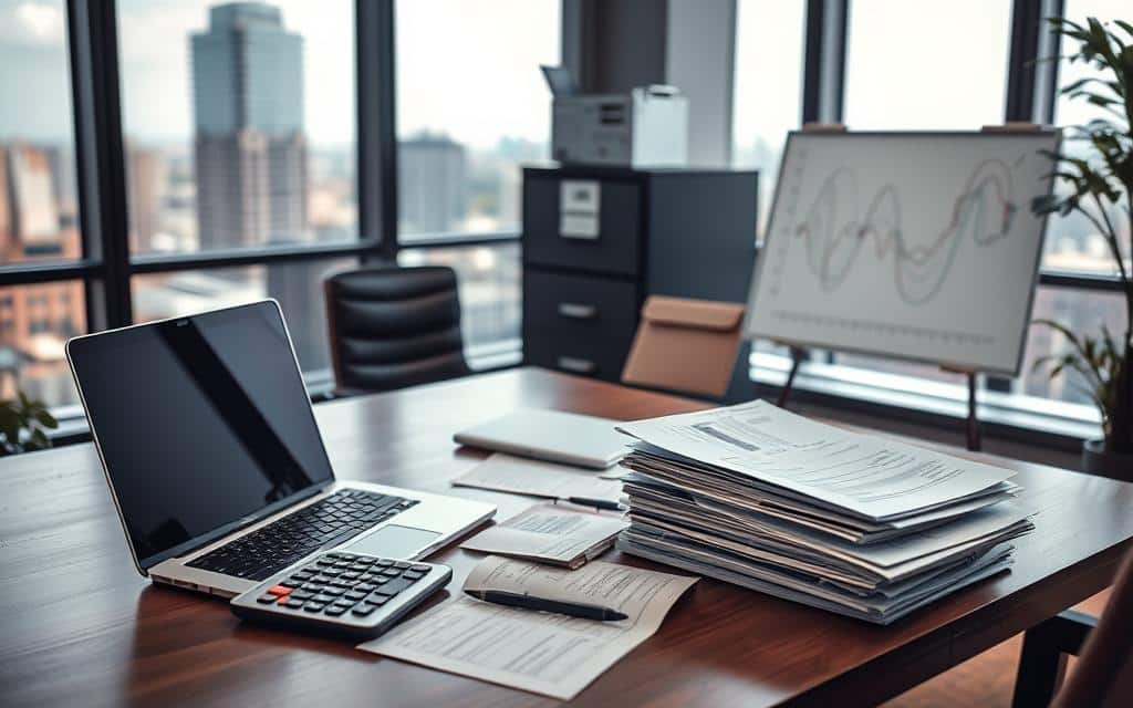 A cozy and well-lit office scene, with a professional-looking desk in the foreground. On the desk, a laptop, a calculator, and stacks of financial documents, conveying the idea of budgeting and planning. In the middle ground, a filing cabinet and a small whiteboard with sketched radio waves, hinting at the radio ad campaign. The background features a large window overlooking a cityscape, providing a sense of context and professionalism. The overall mood is one of focused, analytical work, with subtle hints of creativity and strategic planning.