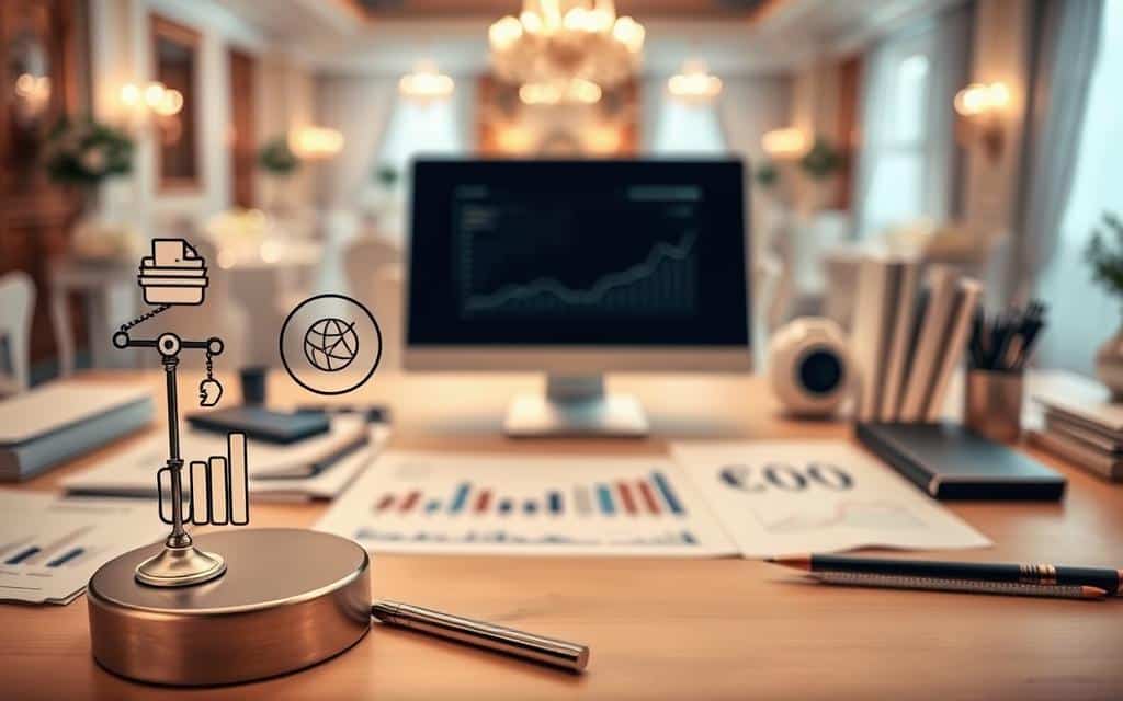 A crisp, well-lit photograph of a wedding vendor's desk, showcasing key factors impacting their return on advertising investment. In the foreground, various graphic elements symbolize customer bookings, marketing costs, and profit margins. The middle ground features analytical charts and graphs displaying data-driven insights. In the background, a softly blurred scene of a luxurious wedding venue, hinting at the vendor's target market and high-end clientele. The overall composition conveys a sense of strategic decision-making, data-driven optimization, and a focus on maximizing the vendor's advertising ROI.