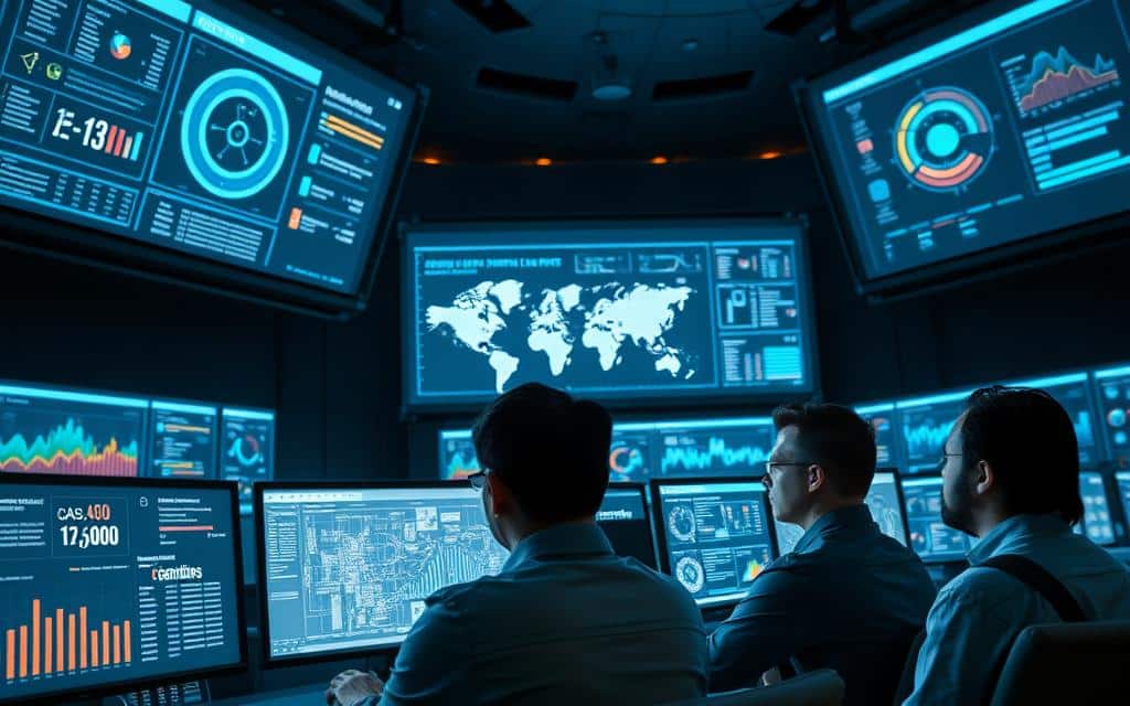 A data-driven control room with large displays showcasing candidate targeting insights. In the foreground, a team of analysts scrutinize visual analytics dashboards, their expressions focused and intense. The middle ground features complex algorithms and data visualization models projected onto the screens, casting a soft glow across the space. The background is dimly lit, with subtle ambient lighting highlighting the futuristic, high-tech atmosphere. The overall mood is one of technological sophistication, strategic decision-making, and the transformative power of recruitment technology.