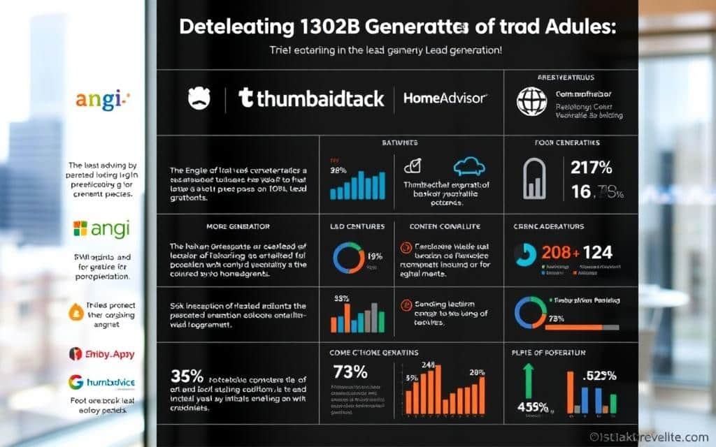 A detailed comparison of leading digital lead generation platforms, presented in a clean, professional infographic style. The foreground showcases the logos and key features of platforms like Angi, Thumbtack, and HomeAdvisor, arranged in a visually striking grid layout. The middle ground depicts various lead generation metrics and statistics in a data visualization format, using minimalist icons and charts. The background features a subtle, soft-focus cityscape, conveying a sense of urban B2B commerce. Lighting is natural and soft, with a subtle depth of field. The overall mood is informative, authoritative, and visually compelling.