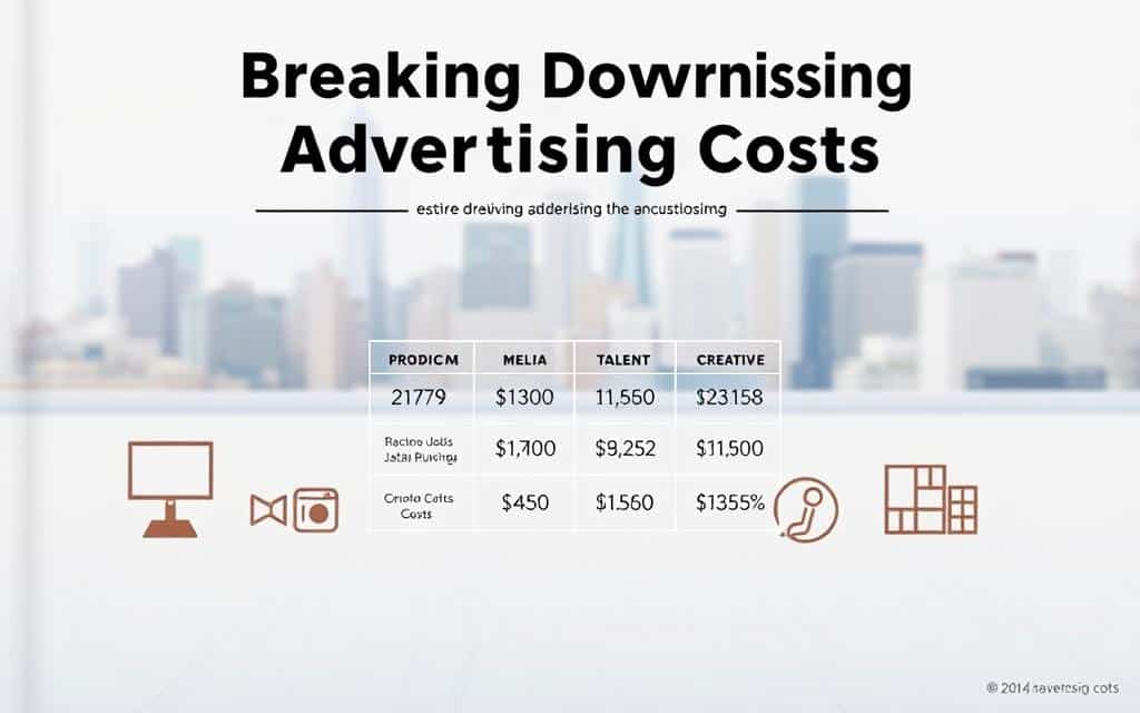 A detailed illustration of the key factors driving advertising costs, showcased in a clean, modern layout. A crisp, well-lit scene with a minimalist design aesthetic. In the foreground, prominent icons representing the major cost components - production, media buying, talent, and creative. In the middle ground, a grid-like arrangement of numerical data and cost breakdowns. The background features a soft, blurred cityscape, evoking the local advertising landscape. The overall mood is informative, data-driven, and visually engaging, perfectly suited to accompany the "Breaking Down Advertising and Production Costs" section.
