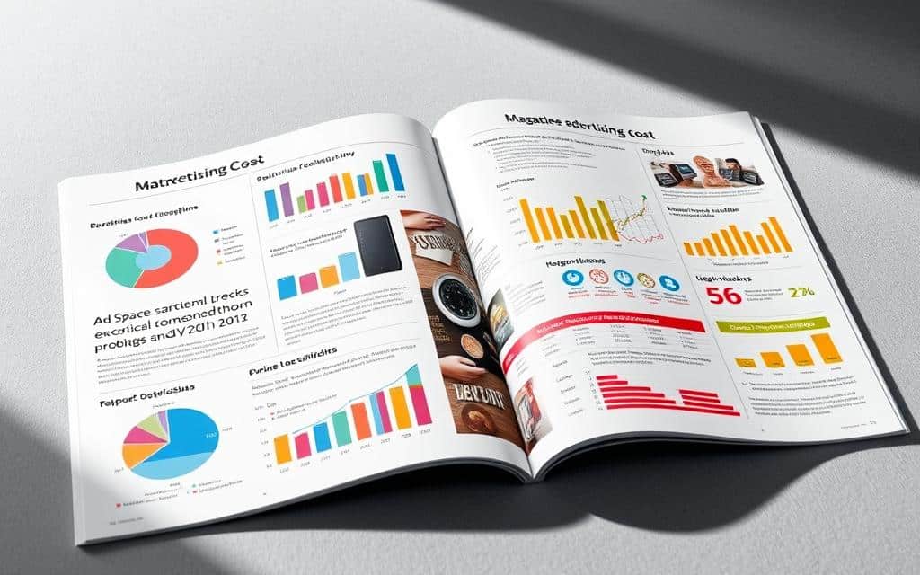 A detailed magazine advertising cost breakdown on a sleek, professional-looking page layout. The foreground features various graphical elements such as pie charts, bar graphs, and infographics that clearly illustrate the different cost components like ad space, design, production, and distribution. The middle ground showcases a high-resolution product shot or visual asset relevant to the magazine's industry. The background has a subtle gradient or texture, creating a sophisticated, editorial ambiance. The lighting is soft and directional, accentuating the clarity and legibility of the data visualizations. The overall composition conveys a sense of authority, transparency, and valuable insights for potential magazine advertisers.