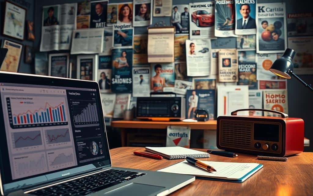 A digital workspace with a mix of traditional and modern media elements. In the foreground, a laptop displays analytics dashboards and digital campaign metrics, backlit by a warm glow. In the middle ground, an artist's desk features a sketchpad, pens, and a retro-style radio. The background showcases a collage of printed brochures, magazine clippings, and vintage advertising posters, all illuminated by a combination of natural light and soft, directional lighting. The overall scene conveys a harmonious blend of the analog and the digital, reflecting the nuanced balance of traditional and modern marketing strategies.