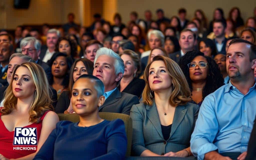 A diverse crowd of people sitting attentively in a modern, well-lit auditorium. The audience consists of individuals of varying ages, genders, and ethnicities, representing a cross-section of the Fox News viewership. They are engaged, with expressions ranging from focused attention to animated discussion. The scene is captured from a slightly elevated angle, providing a sense of the scale and energy of the audience. The lighting is warm and natural, creating a sense of professionalism and authority. The background is softly blurred, keeping the focus on the audience members and their interactions.