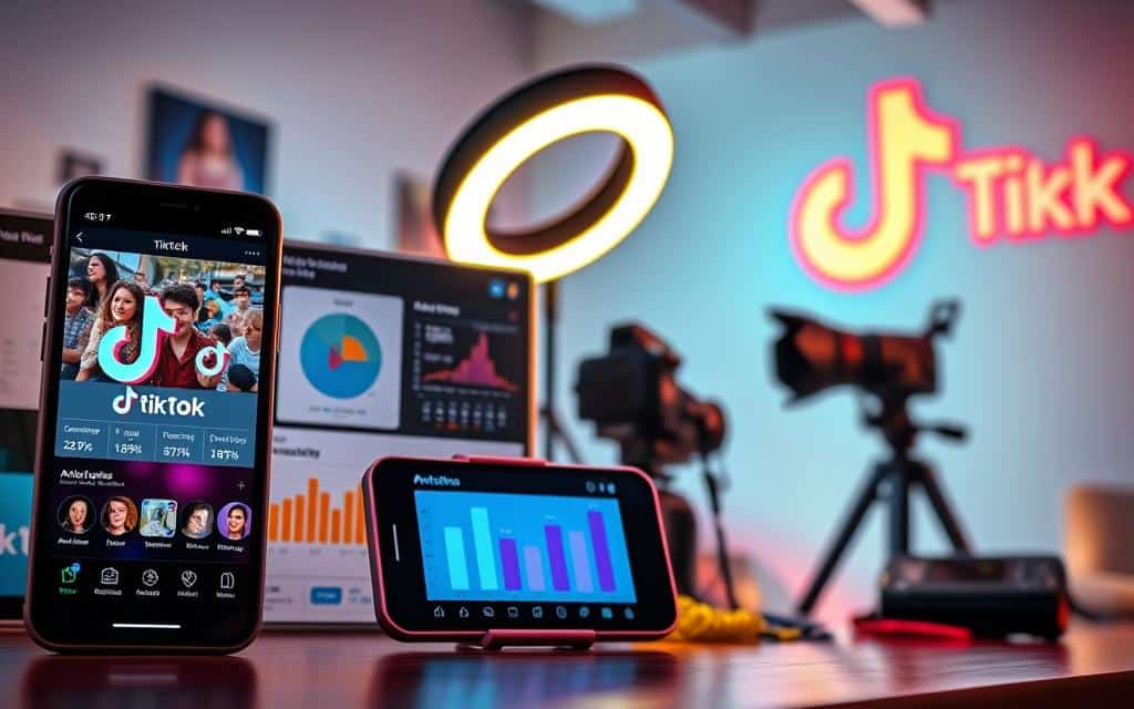A dynamic, vibrant scene showcasing an array of TikTok promotional tools. In the foreground, a sleek smartphone displays the TikTok app interface, its screen alive with engaging content. Beside it, an array of social media analytics dashboards, highlighting metrics like views, likes, and shares. In the middle ground, a professional ring light casts a warm, cinematic glow over the scene, complemented by a professional-grade camera capturing the action. In the background, a vibrant, colorful TikTok logo projects a sense of energy and creativity. The overall atmosphere conveys the excitement and potential of leveraging TikTok for effective baby product advertising.