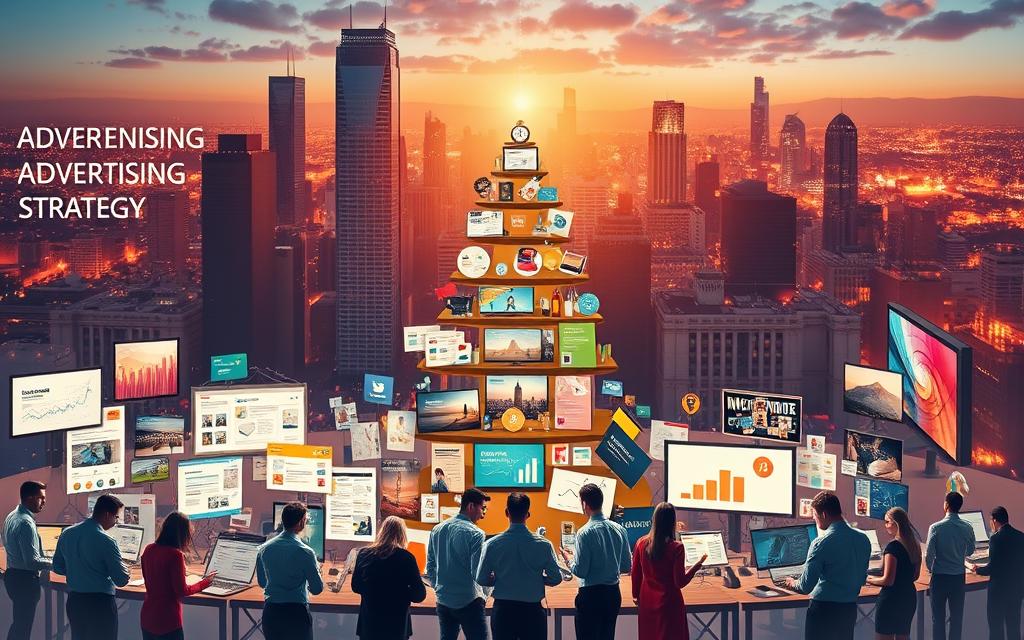 A dynamic, visually captivating scene depicting the core elements of a comprehensive advertising strategy. In the foreground, a diverse team of marketing professionals collaborating, surrounded by a collage of digital and print media concepts - interactive infographics, social media posts, magazine layouts, and billboard designs. The middle ground showcases a towering pyramid of interconnected advertising channels, each element strategically positioned to maximize reach and impact. In the background, a vibrant cityscape with skyscrapers and bustling activity, symbolizing the broader market landscape. Warm, focused lighting illuminates the scene, creating a sense of energy and forward momentum. The overall composition conveys the complexity, creativity, and holistic nature of a well-crafted advertising strategy.