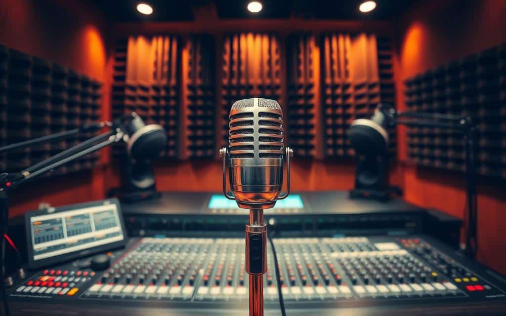 A high-contrast, wide-angle photograph of a radio studio with various audio equipment and controls. In the foreground, a professional-grade microphone stands prominently, its sleek metallic body reflecting the studio's warm lighting. In the middle ground, a mixing console with intricate dials and knobs takes center stage, conveying the technical complexity of radio production. The background features rows of sound-dampening panels, creating a sense of depth and emphasizing the specialized nature of the space. The overall mood is one of precision, professionalism, and the powerful influence of radio advertising on the modern media landscape.