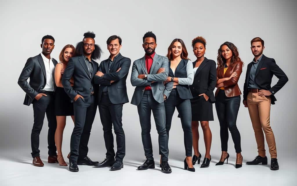 A high-key, well-lit studio photography scene showcasing several diverse Pluto TV advertising models posing confidently against a clean, minimalist background. The models, both male and female, are dressed in stylish, contemporary attire that reflects the modern, digital nature of Pluto TV's streaming platform. Dramatic lighting from the side and above creates sharp shadows and highlights the models' features, conveying a sense of professionalism and authority. The models' expressions and body language suggest confidence, reliability, and trustworthiness - qualities that would appeal to potential Pluto TV advertisers. The overall mood is sleek, aspirational, and representative of Pluto TV's premium streaming service.