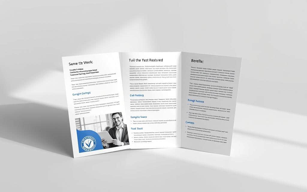A high-quality tri-fold brochure set against a minimalist, professional background. The brochure's pages open up to reveal a sleek, modern design with engaging graphics and concise, benefit-focused copy. Soft, directional lighting casts subtle shadows, highlighting the textured paper stock. The brochure is positioned at a slight angle, creating depth and interest. The overall mood is one of sophistication, clarity, and the promise of valuable information for the viewer.