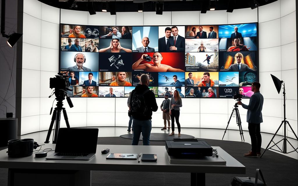 A high-tech, futuristic studio setting with a large TV screen displaying a montage of successful TV advertisements. The foreground features a sleek, minimal desk with a laptop, tablet, and various video production equipment. The middle ground showcases a team of creative professionals, including a director, cameraman, and a graphic designer, all collaborating on the ad campaign. The background has a towering video wall, showcasing a range of impactful, visually striking TV commercials playing in a seamless loop. The lighting is a combination of soft, natural daylight and crisp, focused studio lighting, creating a professional, yet inspiring atmosphere. The overall scene conveys a sense of creativity, innovation, and the power of effective TV advertising.