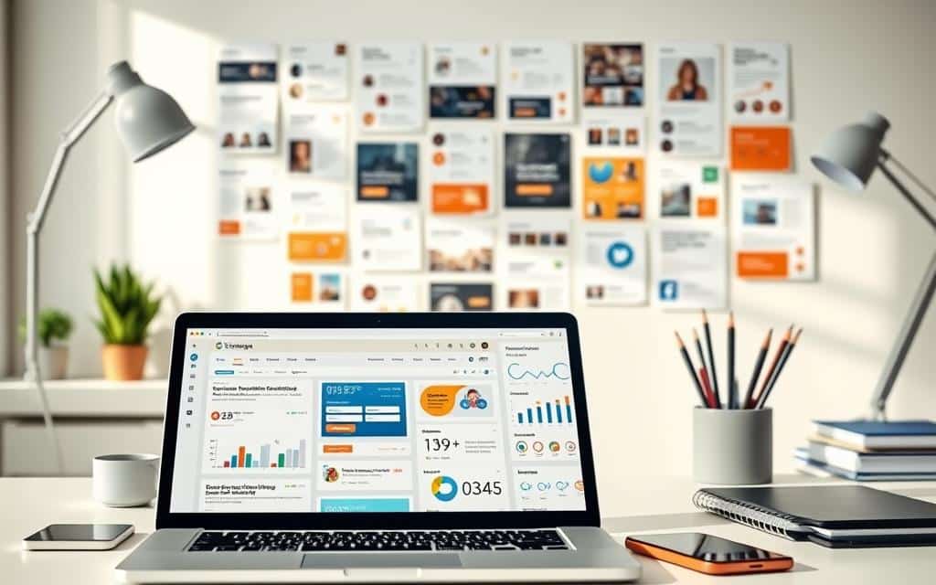 A modern, minimalist office setting with a laptop, smartphone, and desk accessories. In the foreground, an open email application displaying various marketing strategies and templates. The middle ground showcases analytics dashboards and KPI tracking tools. In the background, a collage of email newsletter designs, social media icons, and targeted campaigns. The lighting is soft and natural, creating a productive and focused atmosphere. The overall composition highlights the interconnected nature of email marketing within a small business's digital marketing ecosystem.