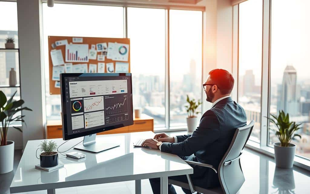 A modern office interior with a bright, airy atmosphere. In the foreground, a businessman is sitting at a sleek, minimalist desk, intently studying analytics and performance metrics displayed on a high-resolution computer monitor. The middle ground features a corkboard pinned with various charts, graphs, and notes, suggesting an analytical approach to measuring advertising effectiveness. The background showcases large windows overlooking a bustling city skyline, casting a warm, natural light throughout the space. The overall scene conveys a sense of data-driven decision-making and a focus on quantifying the impact of advertising campaigns.