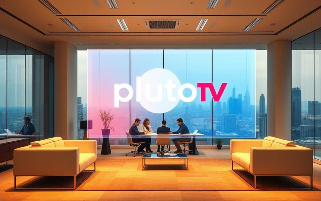 A modern, sophisticated office interior with sleek, minimalist furniture and design. In the foreground, a large holographic display projects a dynamic Pluto TV logo, showcasing its innovative omnichannel advertising strategies. The middle ground features a team of marketing professionals collaborating around a conference table, analyzing data and planning their integrated media campaigns. The background depicts a panoramic city skyline, symbolizing Pluto TV's widespread reach and influence. Warm, diffused lighting creates a professional, yet inviting atmosphere, while the high-tech elements convey a sense of cutting-edge technology and forward-thinking.