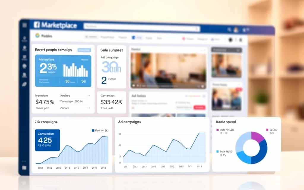 A neatly organized dashboard displaying key performance metrics for Facebook Marketplace ads. The foreground features clean infographic-style visualizations of ad impressions, clicks, conversion rates, and return on ad spend, presented against a soft, pastel-toned background. The middle ground showcases a detailed breakdown of ad campaign performance, with line graphs and pie charts illuminating trends over time. In the background, a blurred overview of the Marketplace interface provides context, conveying a sense of professionalism and data-driven optimization. Warm, balanced lighting and a crisp, minimalist aesthetic set the tone for an insightful, actionable analysis of Marketplace advertising success.