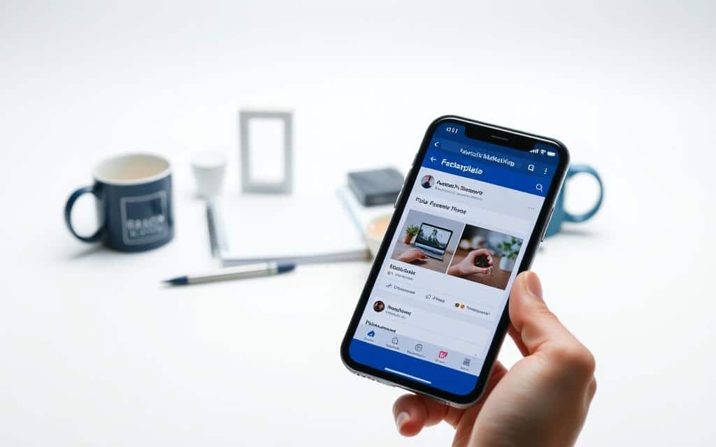 A professional and minimalist product photography setup with a plain white background. In the foreground, a smartphone displays a Facebook Marketplace listing with a clean, organized layout showcasing a product. In the middle ground, various digital marketing props like a notebook, pen, and coffee mug are neatly arranged. The lighting is soft and diffused, creating an even, shadowless illumination. The overall mood is one of efficiency, simplicity, and practicality, reflecting the strategies for effective Facebook Marketplace advertising.