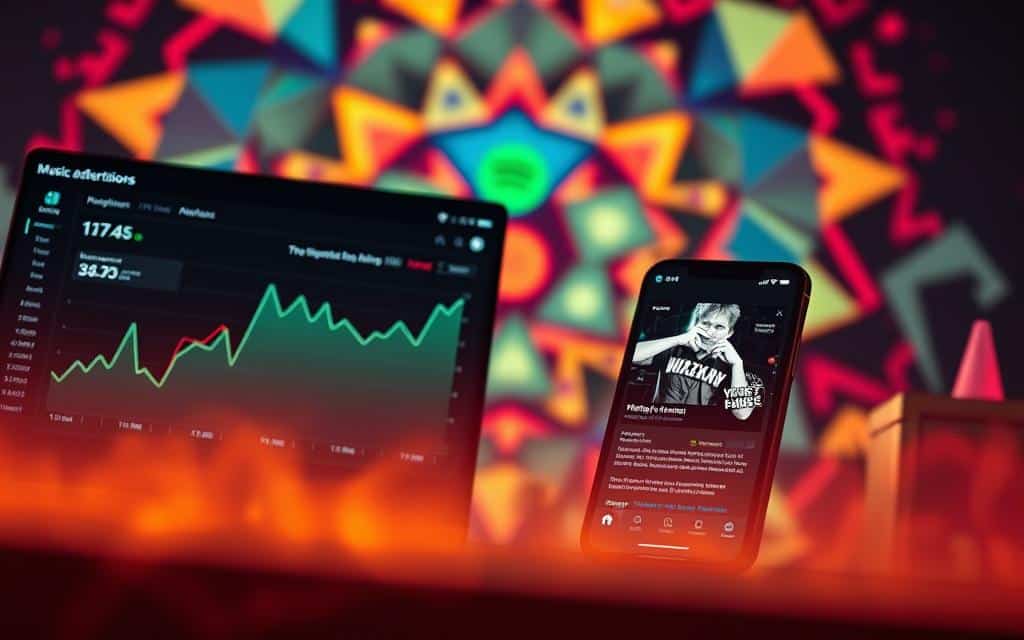 A sleek, data-driven music advertising campaign. In the foreground, a digital dashboard displays real-time analytics, visualizing audience engagement and demographic insights. In the middle ground, a Spotify app interface showcases targeted ad content, seamlessly integrated into the user experience. The background features a vibrant, abstract pattern of geometric shapes, pulsing with the rhythmic energy of the music industry. Warm lighting casts a soft glow, while the composition is framed by a slightly cinematic, wide-angle lens, conveying a sense of cinematic scale and importance. The overall mood is one of technological sophistication, data-driven precision, and the dynamic potential of music-focused advertising.