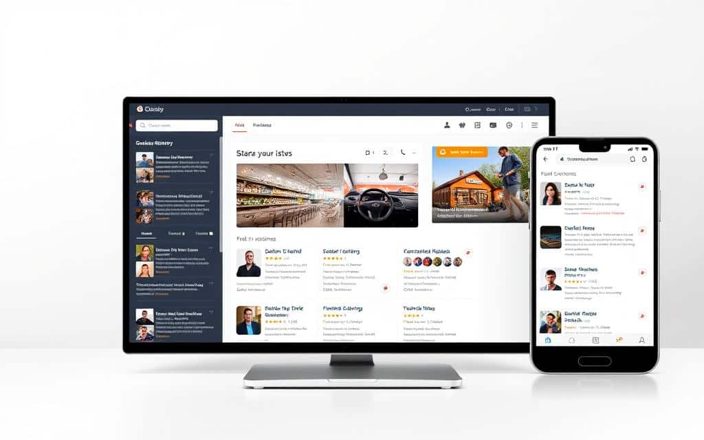 A sleek, modern online directory with intuitive navigation and search functionality. In the foreground, a clean, minimal interface showcases various business listings, each accompanied by an eye-catching thumbnail image, concise description, and prominent call-to-action buttons. The middle ground features customer reviews and ratings, presented in a visually appealing grid layout, inviting users to explore and engage. In the background, a subtle gradient or geometric pattern adds depth and a sense of professionalism, while strategic lighting and camera angles highlight the directory's user-friendliness and optimization for both desktop and mobile devices.