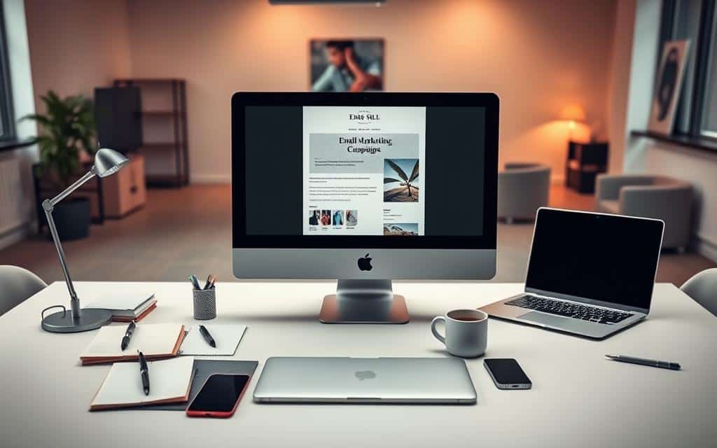 A striking digital composition depicting the essence of email marketing campaigns. In the foreground, a desktop computer screen displays an elegant email template with a captivating subject line and visually appealing graphics. Flanking the screen, various office supplies such as a stylish pen, a stack of notes, and a smartphone add a sense of productivity and professional workflow. The middle ground showcases a minimalist desk, its surface adorned with a sleek laptop, a mug of coffee, and a well-organized array of digital devices. In the background, a softly lit office environment with modern furniture and clean lines creates a serene, focused atmosphere, emphasizing the strategic and analytical nature of email marketing. Subtle warm lighting and a muted color palette evoke a sense of efficiency and targeted digital promotion.