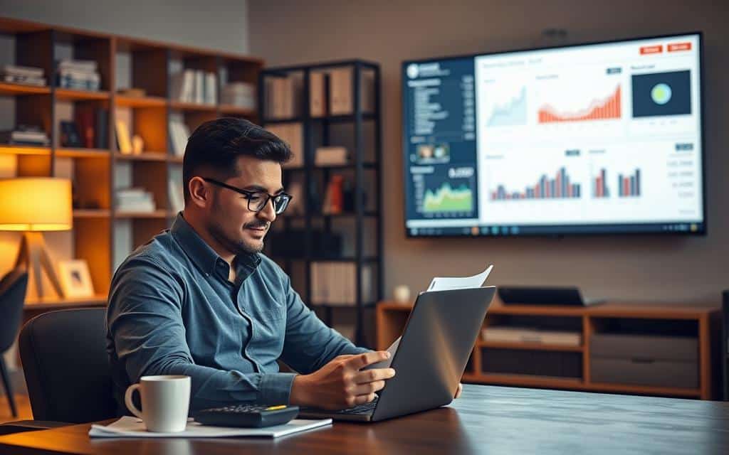 A stylish yet practical office setting, illuminated by warm, soft lighting. In the foreground, a businessman diligently reviews financial reports and TV advertising budgets on his laptop, with a calculator and coffee cup nearby. In the middle ground, a large TV screen displays advertising campaign analytics, offering clear visualizations of key metrics. The background features shelves filled with industry-related books and a modern, minimalist decor, conveying a sense of professionalism and efficiency. The overall scene embodies the careful management of a TV advertising budget, with a focus on data-driven decision-making and a serene, productive atmosphere.