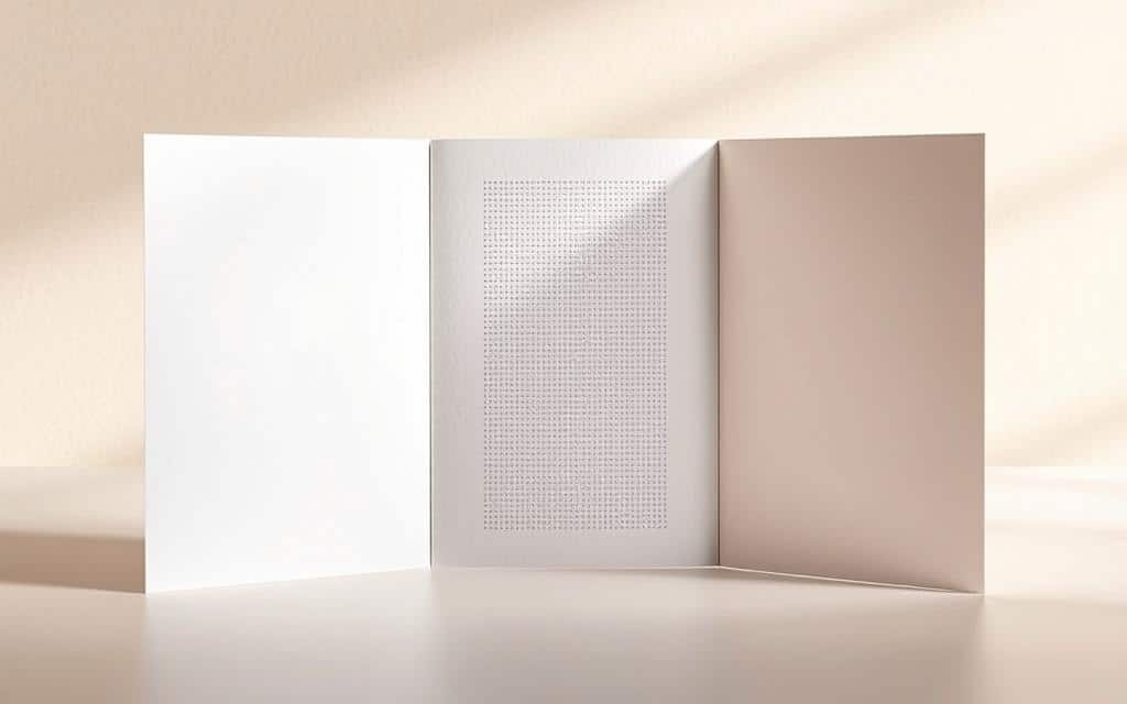 A tri-fold brochure structure with three distinct panels, crafted with a clean, minimalist aesthetic. The center panel features a subtle grid pattern, while the side panels exhibit a soft, textured background. The lighting is soft and diffused, creating a warm, inviting atmosphere. The composition is balanced, with the panels arranged in a symmetrical layout. The overall impression is one of sophistication and professionalism, perfectly suited to showcase the content of the "Discover What Kind of Advertising is a Trifold: Ultimate Guide" article.