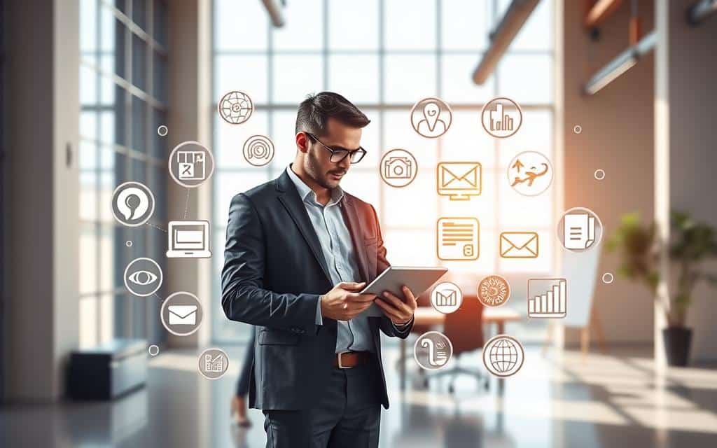 A vibrant and modern business setting, with a dynamic entrepreneur standing at the center, surrounded by an array of advertising strategy icons and graphical elements. The foreground depicts the entrepreneur, dressed in a sharp suit, gazing thoughtfully at a digital tablet, contemplating various advertising options. The middle ground showcases a collection of interactive icons representing different advertising strategies, such as social media, search engine optimization, email marketing, and print advertisements. The background features a clean, minimalist office environment, with large windows allowing natural light to filter in, creating a sense of openness and innovation. The overall scene conveys a sense of strategic planning, with the entrepreneur confidently weighing the merits of various advertising approaches to effectively promote their small business.