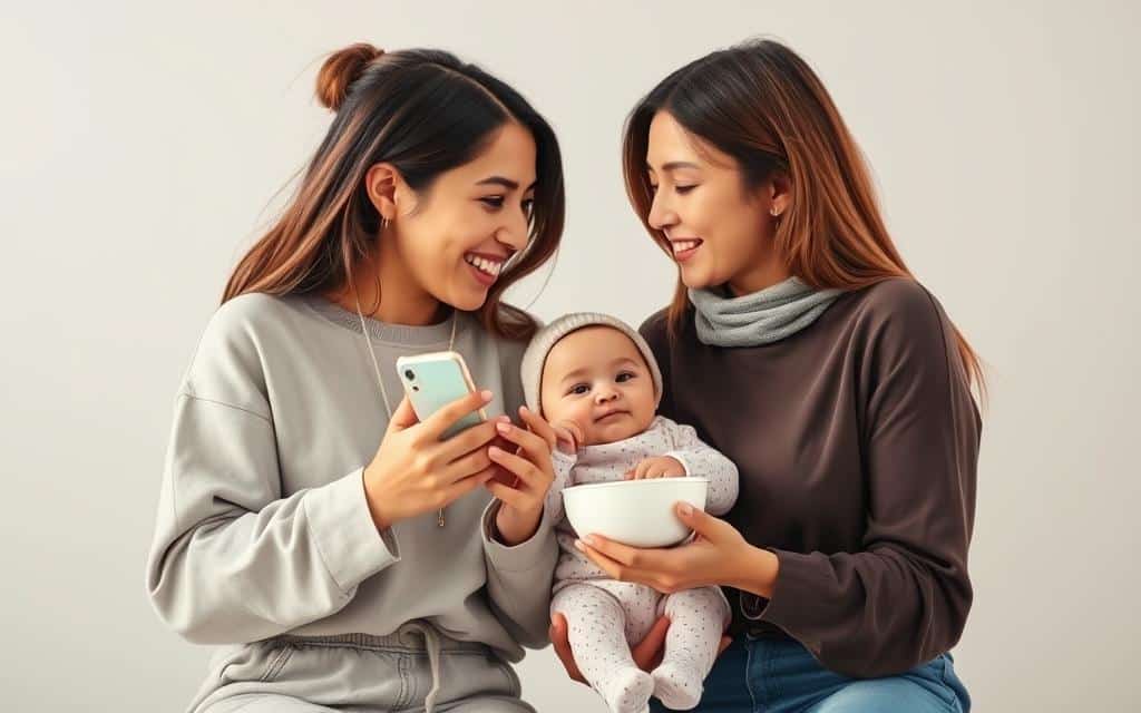 A vibrant collaboration between two TikTok influencers, one a lifestyle blogger showcasing the latest baby products, the other a parenting vlogger offering practical advice. The frame captures an intimate moment as they discuss product features and engage with their followers, establishing a sense of trust and authenticity. Soft natural lighting illuminates their expressions, while a minimalist background keeps the focus on their interaction. The composition balances their dynamic poses, creating a visually compelling scene that embodies the essence of effective influencer marketing for baby products.