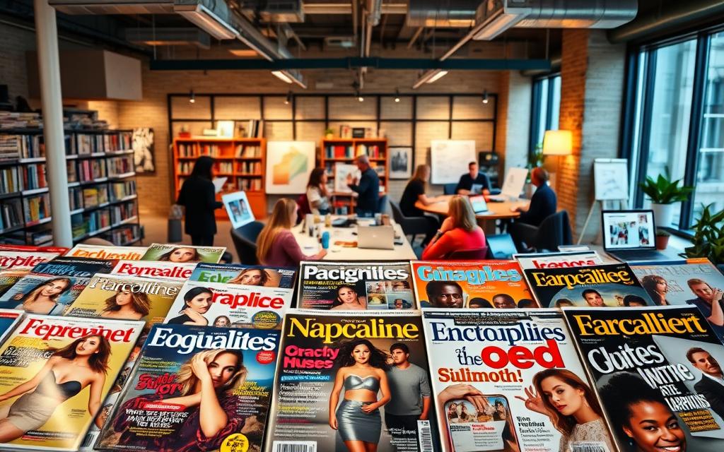 A vibrant, dynamic spread showcasing national magazine advertising campaigns. In the foreground, glossy magazine covers featuring alluring product shots and bold, eye-catching layouts are displayed in a neatly arranged grid. The middle ground depicts creative teams brainstorming around a conference table, surrounded by mood boards and laptops. In the background, a bustling office environment with shelves of archived magazines and a mood-setting mix of warm, directional lighting and cool, natural daylight filters in through large windows. The overall scene conveys the high-energy, collaborative nature of crafting impactful national magazine ad campaigns.
