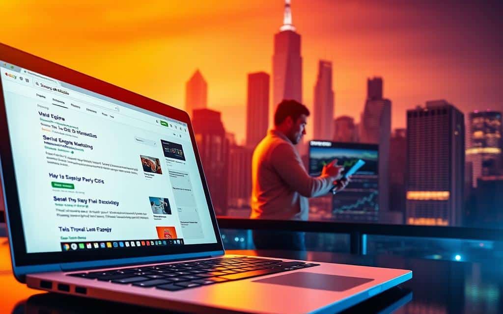 A vibrant, high-resolution image of search engine marketing strategies. In the foreground, a laptop displaying a search engine results page, with colorful pay-per-click advertisements and SEO-optimized organic listings. In the middle ground, a person analyzing website analytics and performance data on another screen. The background features a cityscape with towering skyscrapers, symbolizing the scale and complexity of the digital landscape. The scene is illuminated by warm, directional lighting, casting dramatic shadows and highlighting the key elements. The overall mood is one of strategic focus, technological prowess, and digital marketing expertise.