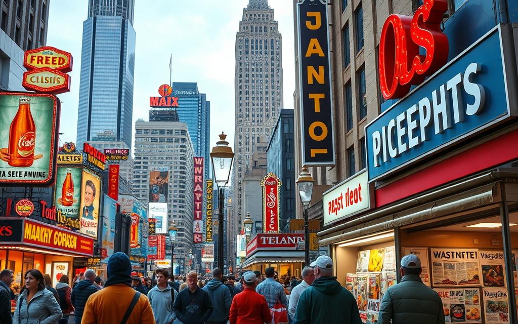 A vibrant street scene depicting traditional advertising methods. In the foreground, classic neon signs and hand-painted billboards illuminate the bustling cityscape. Passersby gaze up at the colorful array of advertisements, from vintage product displays to eye-catching slogans. In the middle ground, a newsstand offers an array of magazines and newspapers, their covers featuring bold typographic designs. In the background, towering skyscrapers and vintage streetlamps set the scene, evoking the timeless charm of a bygone era of marketing. The overall atmosphere is one of energy, nostalgia, and the enduring power of traditional advertising to captivate and inspire.