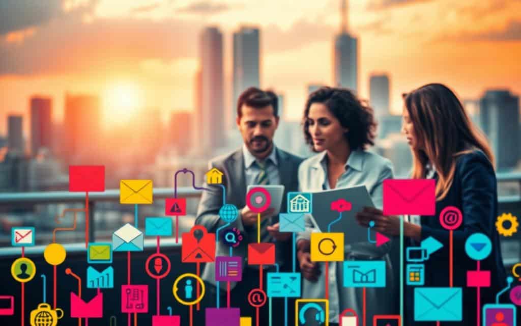 A vibrant visualization of marketing strategies, captured with a sharp, cinematic lens. In the foreground, an array of colorful icons representing key marketing tactics - digital advertising, social media, email campaigns, SEO, and content creation. The middle ground features a team of professionals collaborating, their expressions thoughtful as they devise innovative approaches. The background showcases a dynamic cityscape, symbolizing the fast-paced, ever-evolving nature of the marketing landscape. Warm lighting casts a strategic glow, while a sense of momentum and energy permeates the scene, reflecting the essence of effective marketing fundamentals.